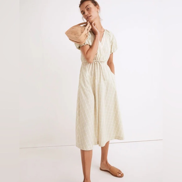 Madewell Dresses & Skirts - Madewell Green Plaid Tie-Waist Cotton Midi Dress Puff Sleeve Prariecore Sz L